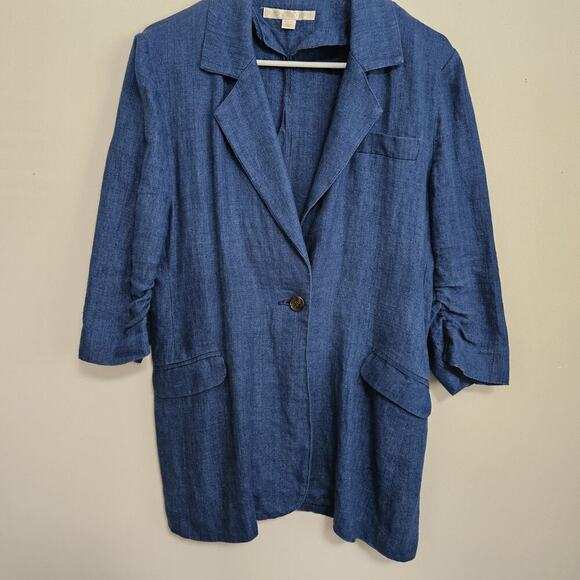 BOSTON PROPER Blue Ruched Sleeve 100% Linen Blazer Jacket Womens Size 12 - Picture 1 of 12